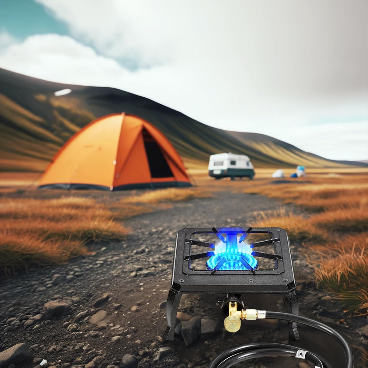 Vivicreate Single burner cast iron flame camping stove, include CSA listed regulator and gas hose (HT-C-0011)
