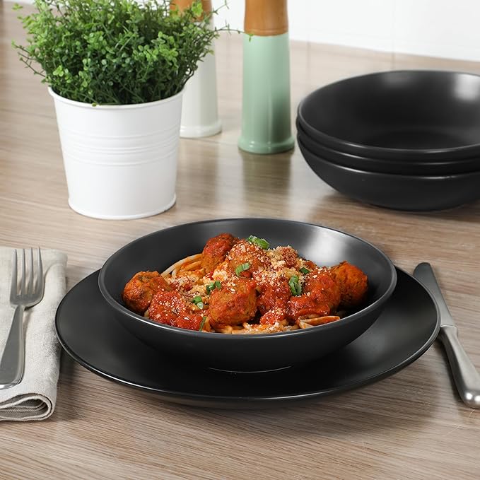 Gibson Home Queenslane 16-Piece Matte Black Stoneware Dinnerware Set – Double Bowl Plates and Bowls, Durable Kitchen Dinner Set