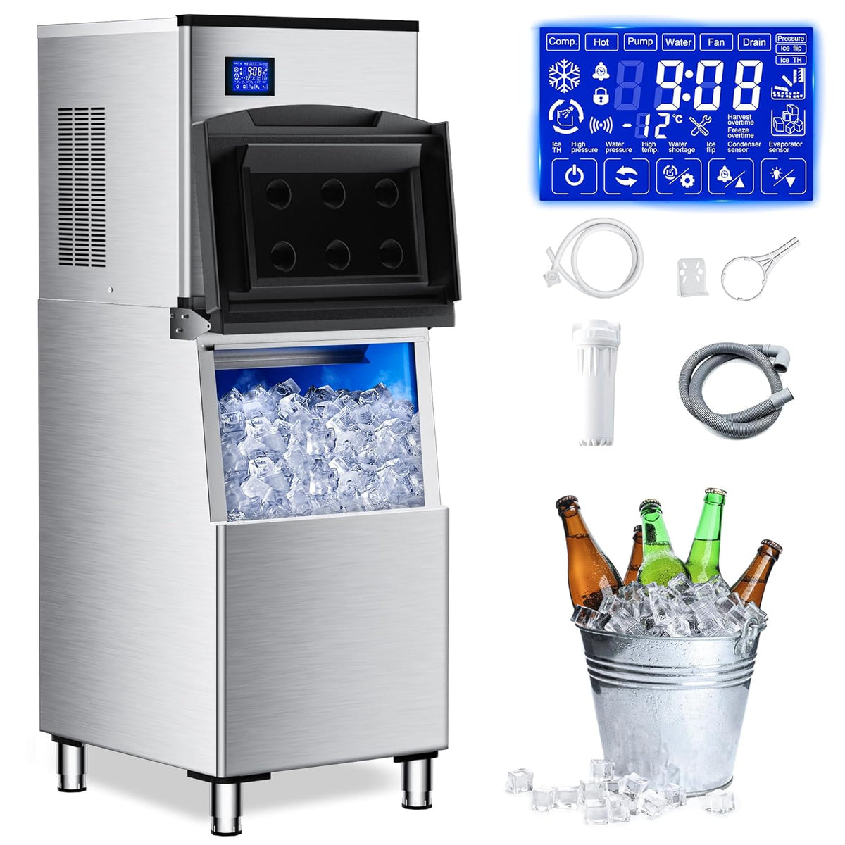 Commercial Ice Maker Machine 400Lbs/24H with 250Lbs Large Ice Storage Bin,Stainless Steel Industrial Ice Machine 156 Ice Cubes/Cycle with Touch Screen,Self-Cleaning for Restaurants Bars Cafes