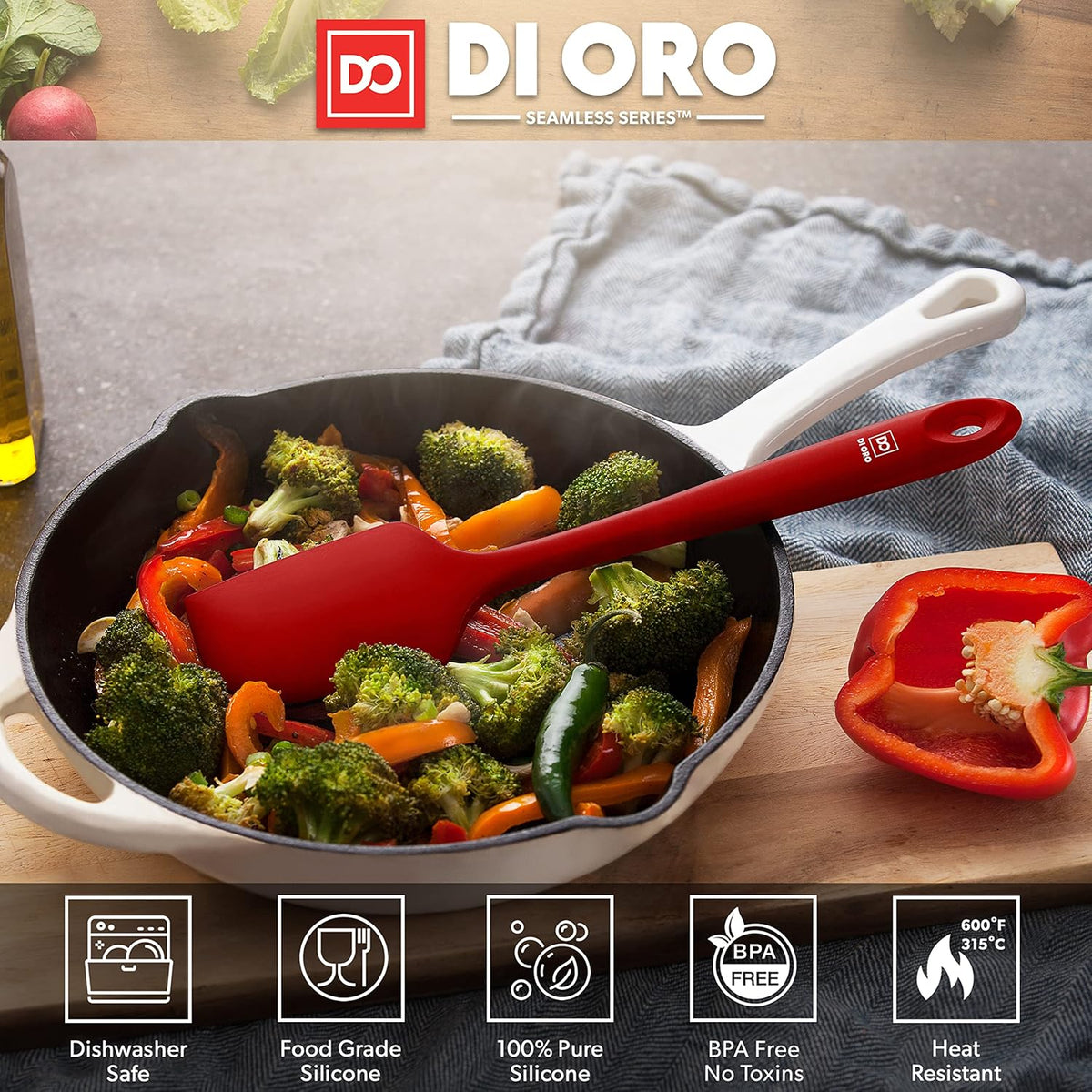 di Oro Living Silicone Spatula Set - 3-piece 600F Heat-Resistant Baking Spoon & Spatulas - Ergonomic Easy-to-Clean Seamless One-Piece Design - Pro Grade Non-stick Rubber with Stainless Steel S-Core Technology! (Red)