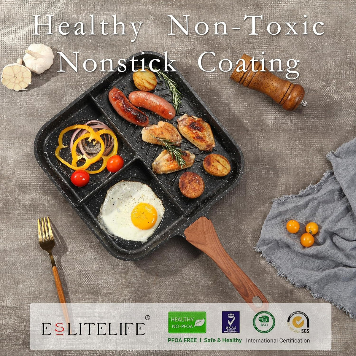 ESLITE LIFE 11 Inch Nonstick Divided Grill Pan for Indoor Cooking, Versatile 3-In-1 Induction Large Breakfast Pan for Stove Tops, PTFE & PFOA Free, Black