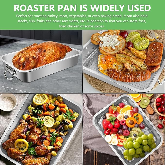 Stainless Steel Turkey Roasting Pan,Heavy Duty Nonstick Surface Roaster Pan Christmas Rectangular Lasagna Cake Baking Pans with Rack,Meat Claws, Turkey Fork,Silicone Brush,Tender Meat Needle