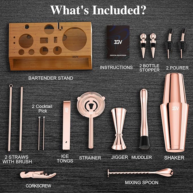 IOV Mixology Bartender Kit Bar Set with Stand | 17-Piece Cocktail Shaker Set | 28oz Boston Shaker Drink Mixer Set with All Essential Accessory Tools | Fun Housewarming Gift (Rose Gold)