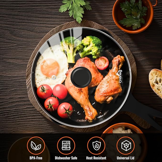 8 Inch Pan Lid For Pots Pans and Skillets, Cast Iron Skillet Lid, Tempered Glass Pan Lids Replacement, Pot Covers for Cooking, Wok, Crock Pot Lid with Stainless Steel Rim, Frying Pot Lids Only