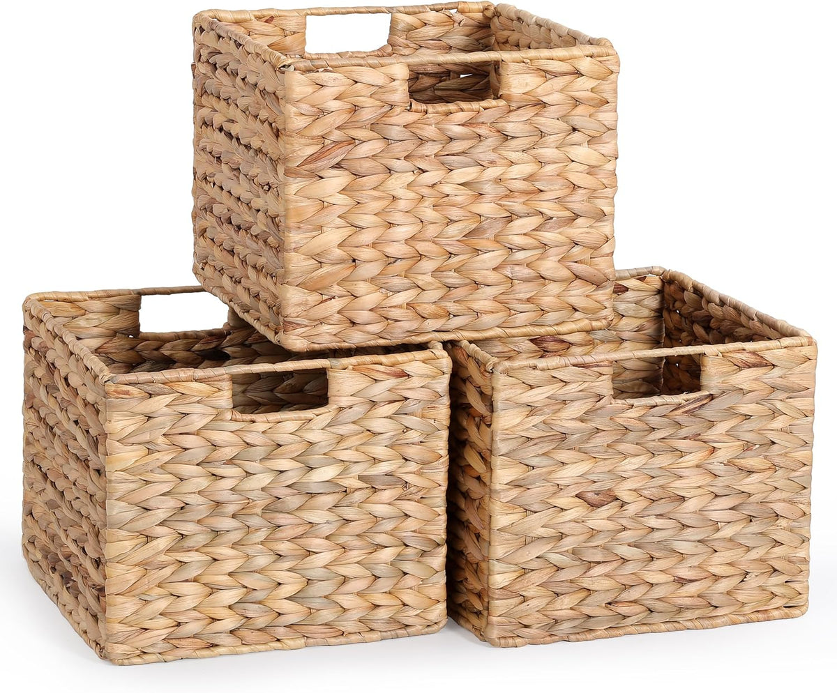 12x12x10 Water Hyacinth Folding Cube Wicker Storage Basket for Shelves, Pantry, Kitchen Organization and Storage