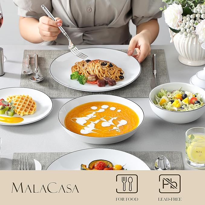 MALACASA 24-Piece Gourmet Porcelain Dinnerware Sets, Modern White with Black Rim Round Dish Set for 6 - Premium Serving Plates and Bowls Sets for Dessert, Salad, Soup, Pasta - Series AMELIA
