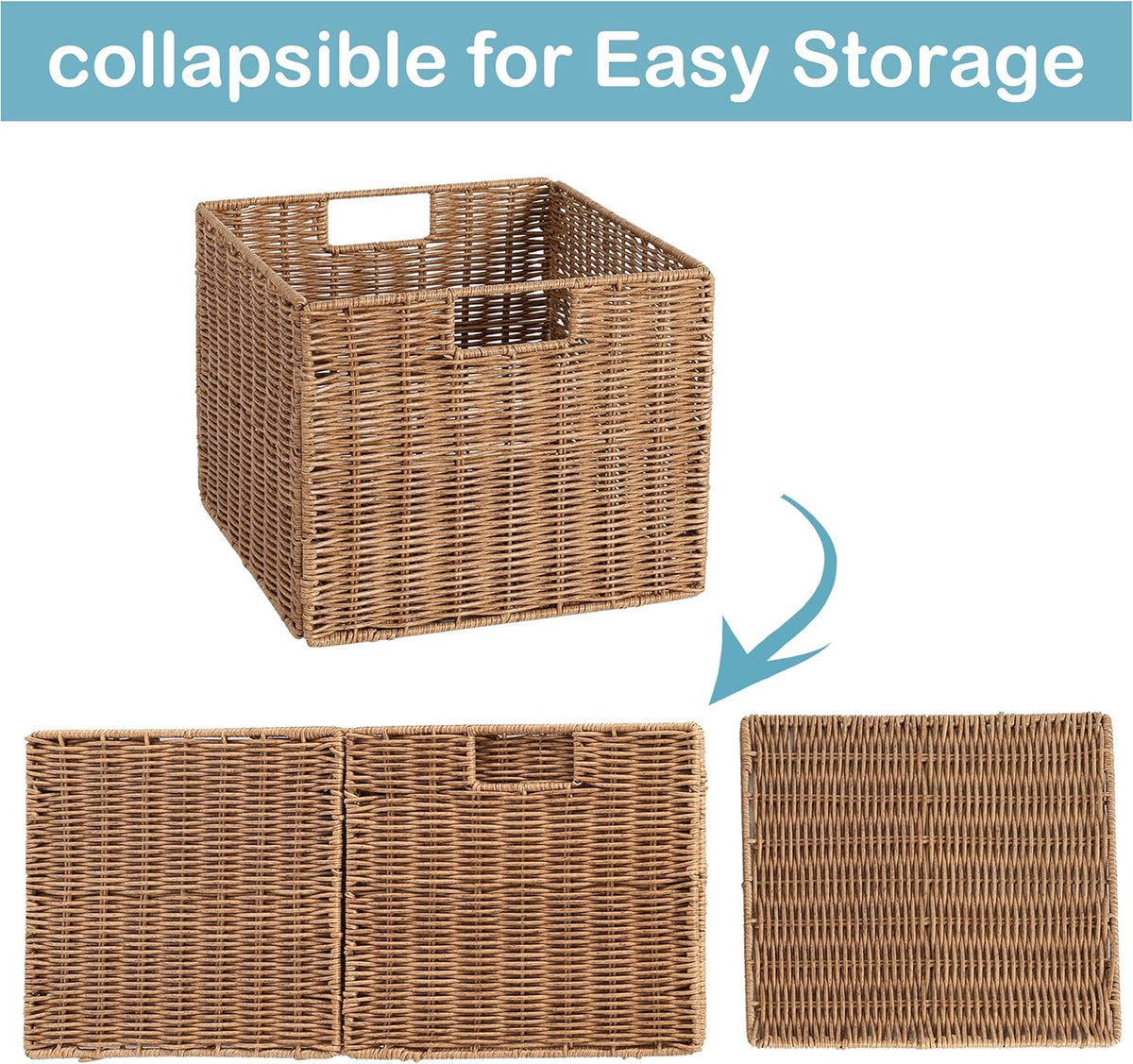 12X12X10in Plastic Wicker Storage Basket, Collapsible Wicker Cube Storage for Shelves, Woven Plastic Storage Basket for Pantry, Bedroom, Living Room, Bathroom, Shelves(Natural)