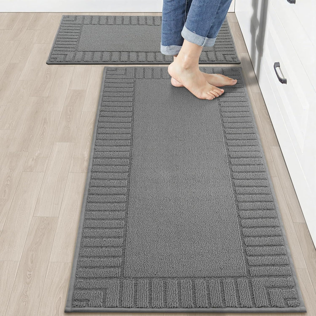 BEQHAUSE-Kitchen-Rugs-Washable-Kitchen-Mats-for- Floor Non-Slip Kitchen Mat Set of 2 Absorbent Kitchen Runner with TPR Non Skid Backing,Grey,20x30inch/20x48inch