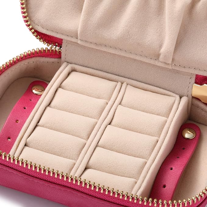 HISCOW Vegan Leather Travel Jewelry Case with Zipper - Portable Necklace & Earring Holder Organizer for Women Girls, Velvet-Lined Ring Box with Anti-Tarnish Design, Rose Red
