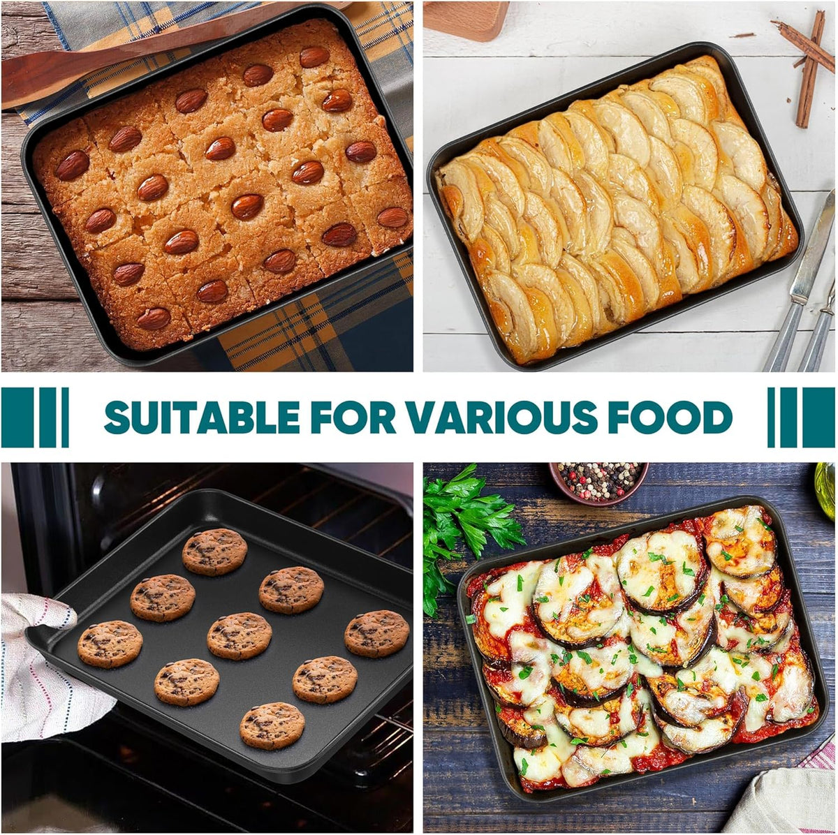 E-far Baking Sheet Set of 2, 10.5" x 8" x 1" Cookie Sheet Pan for Baking, Nonstick Carbon Steel Baking Trays for Toaster Oven, Heat-Resistant & Easy Clean, Black