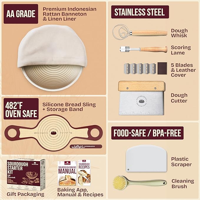 Superbaking Sourdough Starter Kit, 9" Round Banneton Bread Proofing Basket Set, Sourdough Bread Baking Supplies, Sourdough Tools with Silicone Bread Sling, Bread Making Tools, Baking Gifts