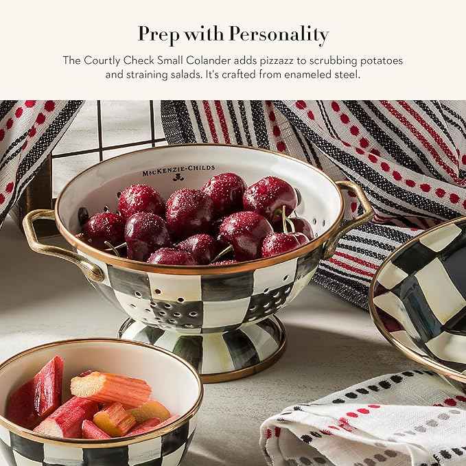 MACKENZIE-CHILDS Enamel Colander, Decorative Kitchen Strainer, Small, Black-and-White Courtly Check