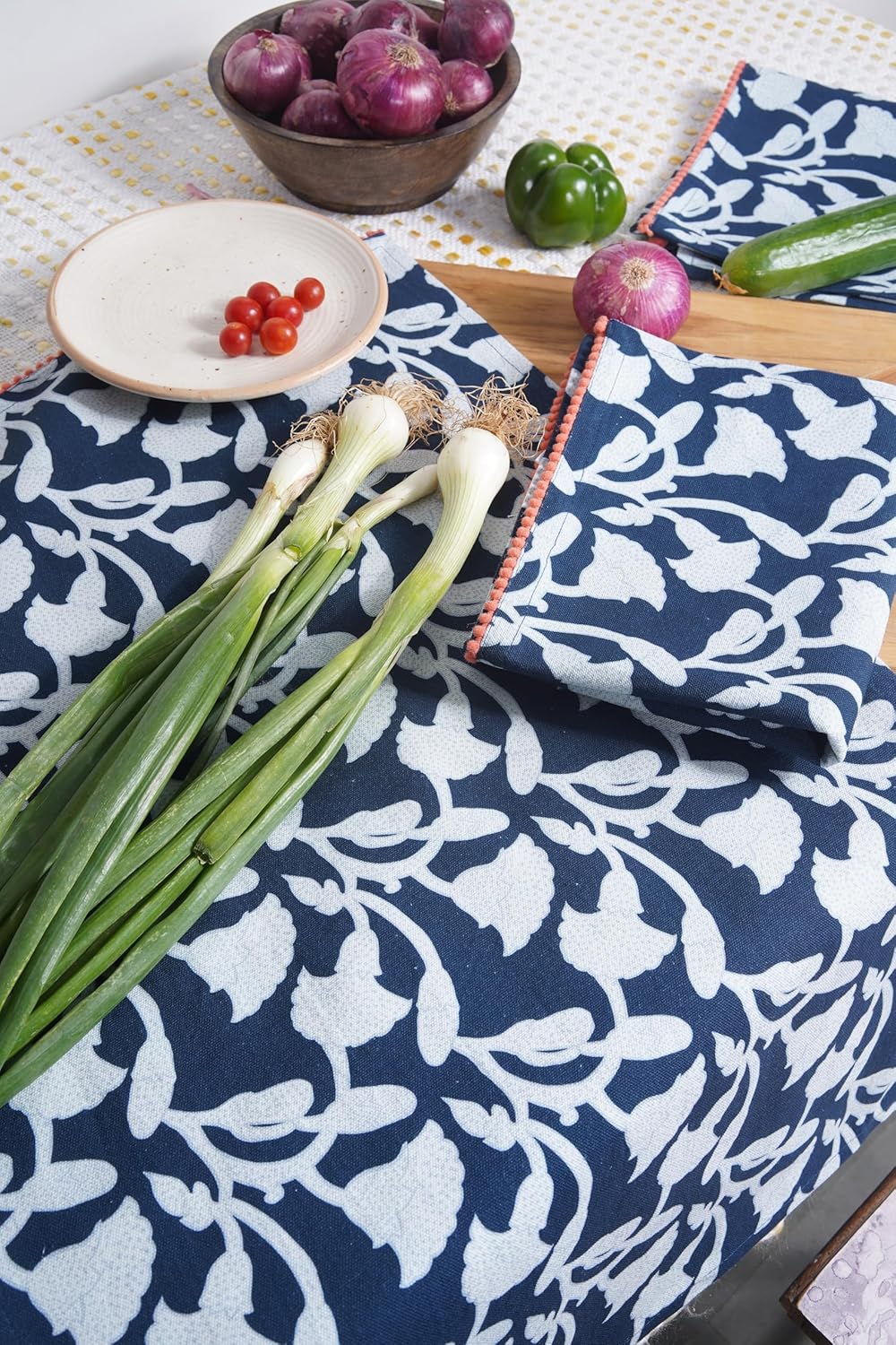 Printed Kitchen Dish Bar and Tea Towels Cotton, 18x28 inch with Trims, Cotton Dish Towel Sets (Allover Blue, Set of 6)