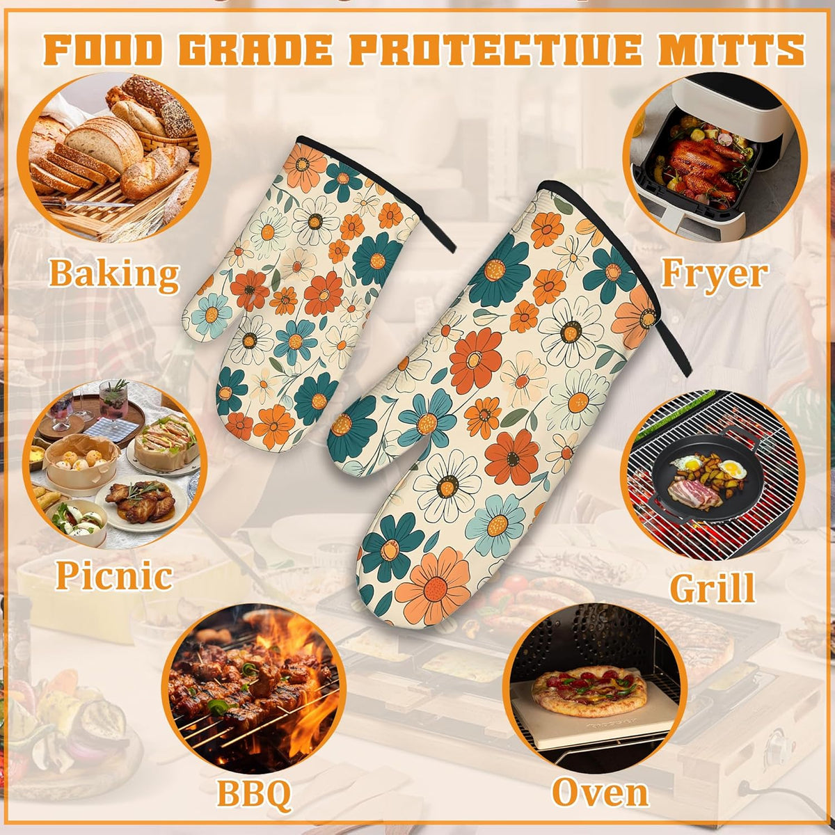 Vintage Floral Oven Mitts and Pot Holders,Groovy Flower Heat Resistant Oven Mitts Gloves and Pot Holder for Home Kitchen Decorations Cooking Baking BBQ Gifts,Set of 4