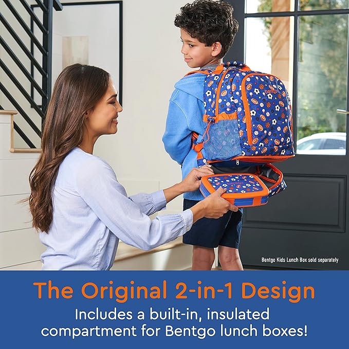 Bentgo Kids 2-in-1 Backpack & Insulated Lunch Bag - Durable 16” Backpack & Lunch Container in Unique Prints for School & Travel - Water Resistant, Padded & Large Compartments (Sports)