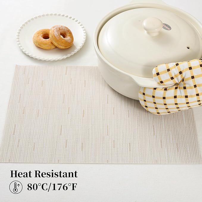 Leetaltree Pale Beige Placemats Set of 4 - Heat Resistant Non-Slip Place mats for Dining Table, Washable Durable PVC Vinyl Woven Table Mats（Pale Beige, 4）
