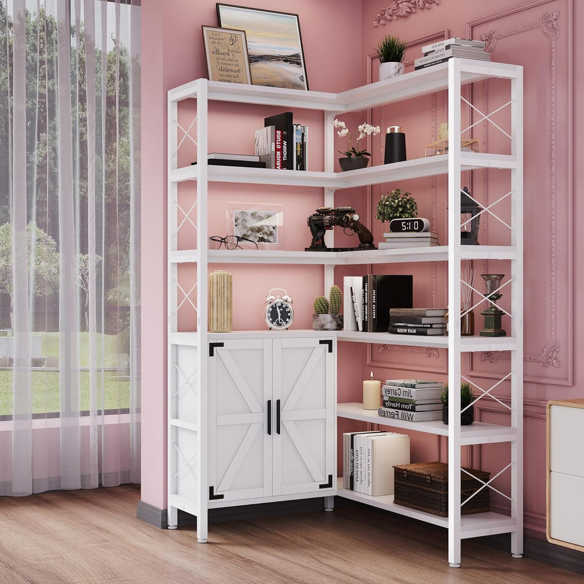 6-Shelf Corner Bookshelf, Vintage Industrial Corner Shelf Etagere Bookcase, Large Book Shelf with Metal Frame Open Storage Corner Cabinet (White-Lockers, Small)