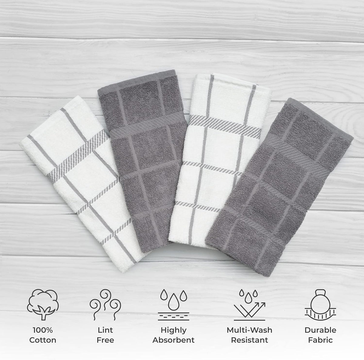 100% Cotton Terry Dish Towels, 4 Pack 16 x26 Inches, Super Soft and Absorbent Kitchen Towels, Perfect for Kitchen Cleaning and Dish Washing | Light Gray