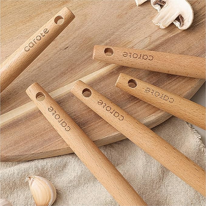 CAROTE Silicone Cooking Utensils Set, Kitchen Utensils Set 10 Pcs for cooking, BPA Free Spatula Set with Heat Resistant Wood Handles for Nonstick Cookware (Cream White)