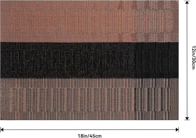 Leetaltree Brown with Black Striped Placemats Set of 6 - Heat Resistant Non-Slip Place mats for Dining Table, Washable Durable PVC Vinyl Woven Table Mats（Brown Stripe, 6）