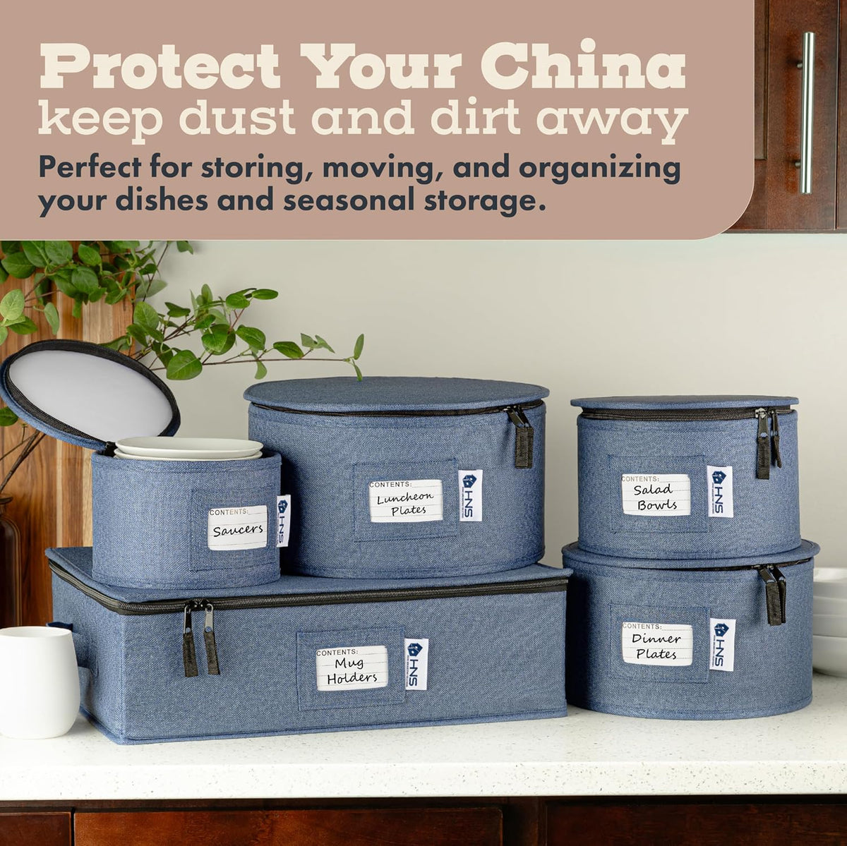 Serving Platter Storage Container - Hard Shell China Organizer with Dividers - Holds 12 Plates of 10" - Durable & Stackable Storage Box for Seasonal Dishware Protection - Denim Blue