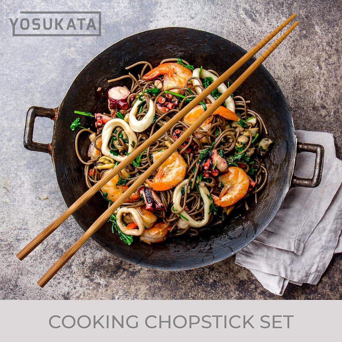 YOSUKATA Reusable Natural Wooden Long Cooking Chopsticks Set of 3 pairs: 11.8 inch, 13-inch, 14.2 inch Brown Long Wok Wooden Chopsticks Reusable
