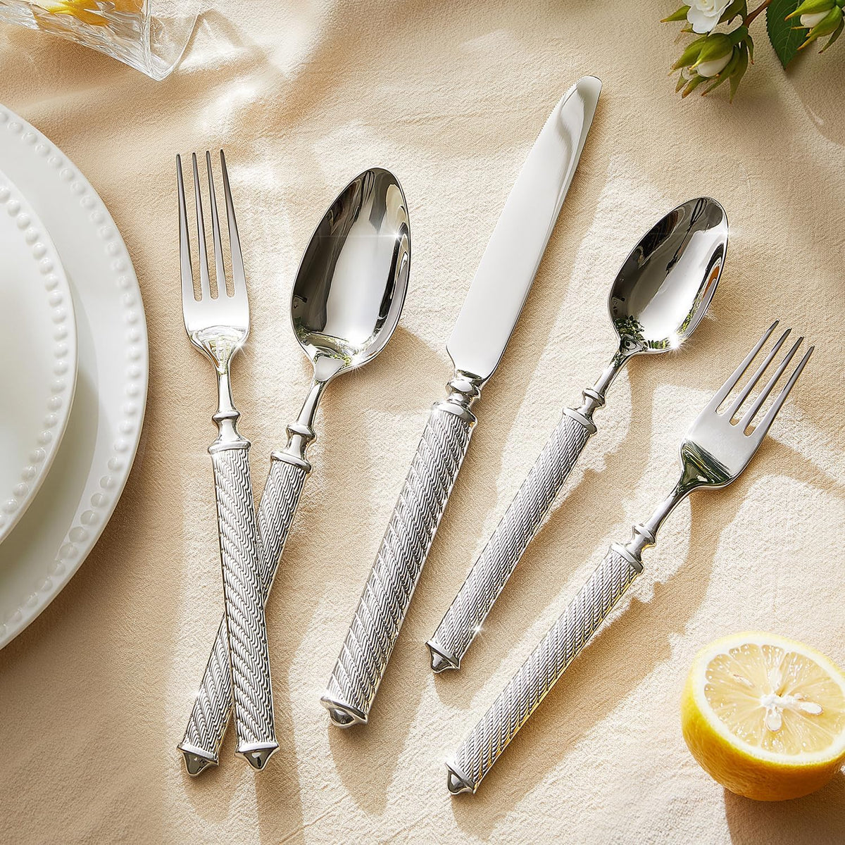 KINGSTONE Retro Rope-Pattern Silverware Set, 10-Piece Flatware Set Cutlery Set Forged with Handcrafted Texture Handles 18/10 Stainless Steel, Dishwasher Safe