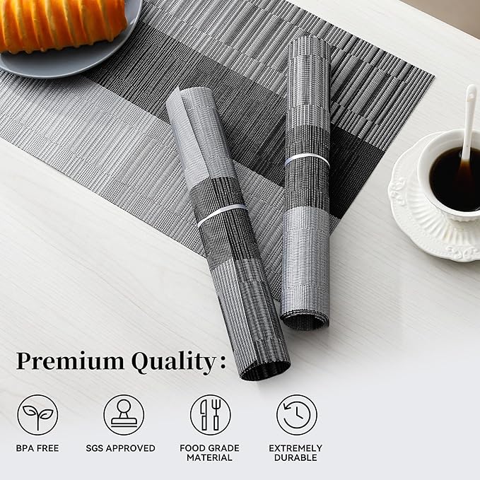 Leetaltree Grey with White Striped Placemats Set of 4 - Heat Resistant Non-Slip Place mats for Dining Table, Washable Durable PVC Vinyl Woven Table Mats（Grey Stripe, 4）