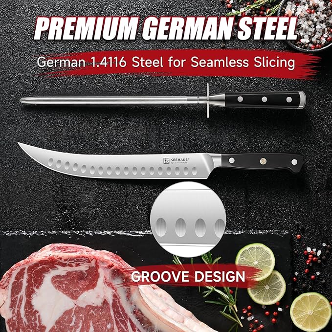 KEEMAKE BBQ Carving Knife Set - 10" Butcher Knife & 10" Honing Rod Slicing Knife Set for Meat Cutting Razor Sharp German Steel with Ergonomic Handle Full Tang Design Gift Box Included