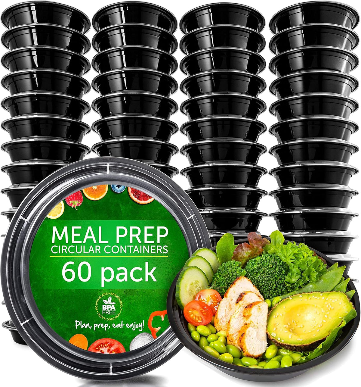 PrepNaturals Reusable Plastic Containers with Lids, 60 Pack, Black, Meal Prep Bowls, Lunch Containers, BPA, PVC and Phthalate Free, Microwave and Freezer Safe