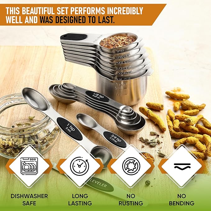 Spring Chef Magnetic Measuring Cups & Spoons Set, Patented, Strong N45 Magnets, Heavy Duty Stainless Steel Fits in Spice Jars for Baking & Cooking, BPA Free, Round Set of 15 with Leveler, Black