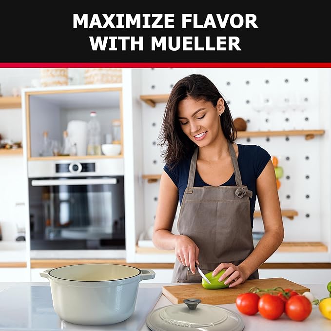 Mueller 6qt Enameled Cast Iron Dutch Oven, Heavy-Duty Casserole and Braiser Pan with Lid and Knob, Oven-Safe up to 500° F & Across All Cooktops, White
