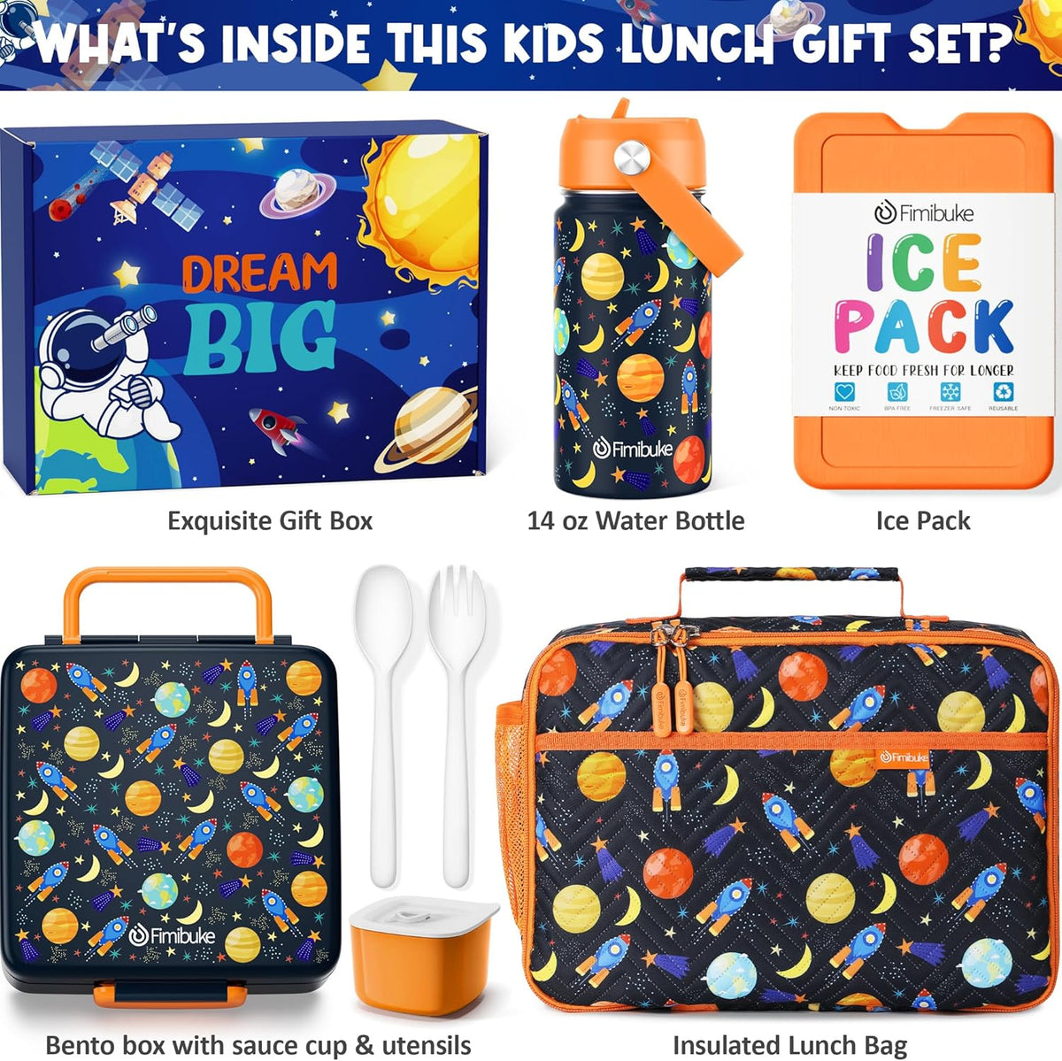 Fimibuke Kids Bento Lunch Box with 4 Compartments, Insulated lunch Bag, Stainless Steel Insulated Water Bottle, Ice Pack & Utensils Set, Birthday Gifts for Ages 3-12 Back to School Toddler Girls Boys