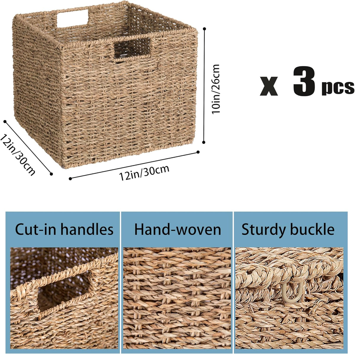 Seagrass Storage Baskets, 12X12X10in Cube Wicker Storage Basket for Shelves, Pantry Baskets Organization and Storage, Kitchen Storage Baskets, Bathroom Shelves Storage Basket Set of 3