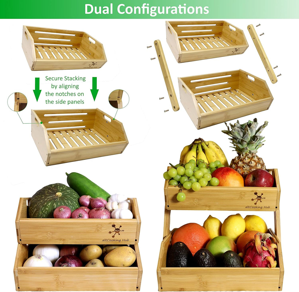 Bamboo Storage Bin - Multipurpose Open Front Stacking Bins for Kitchen & Pantry - Configurable as 2 Tier Bamboo Fruit Basket on Countertop – Ideal for Vegetables, Potato and Onion Storage Bin