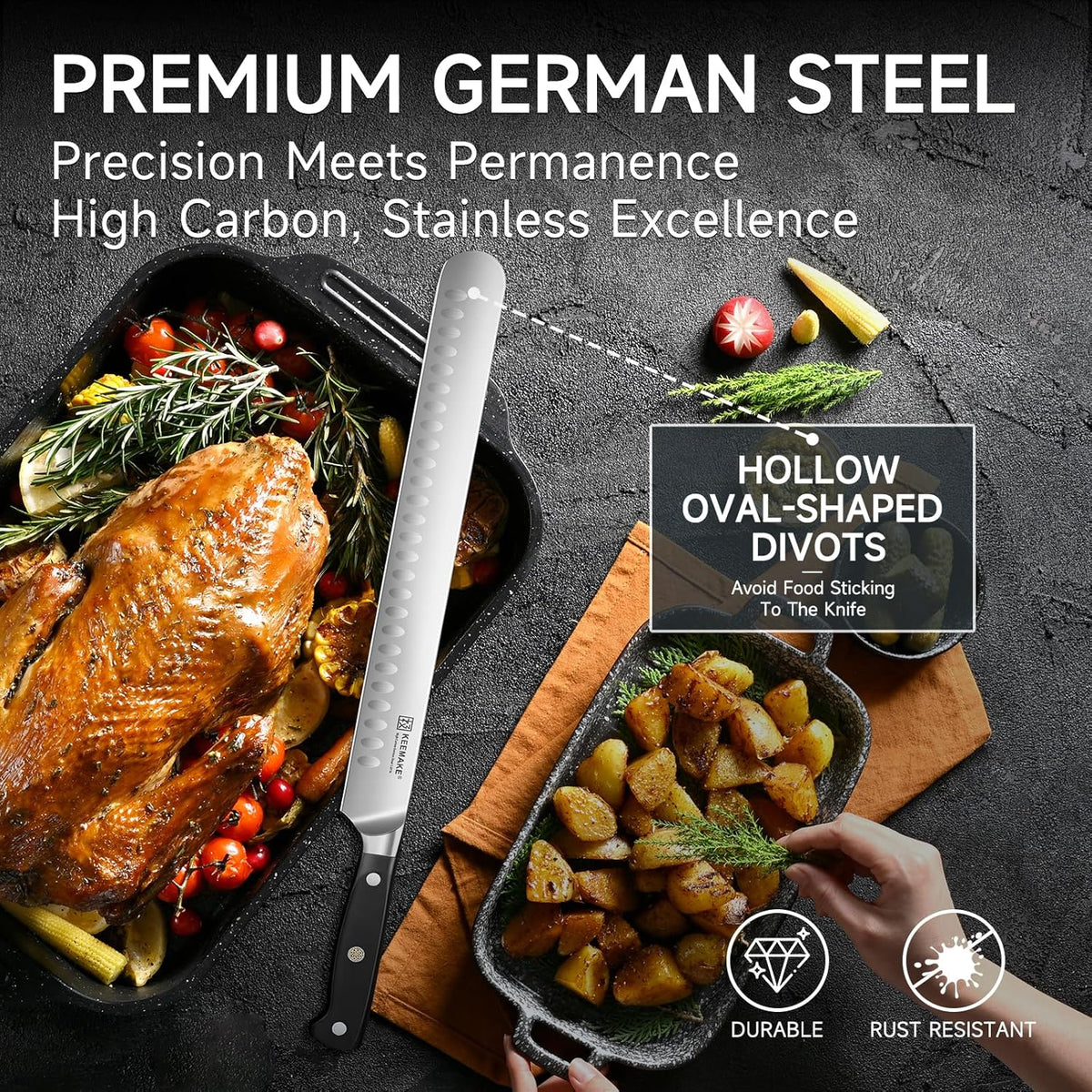 KEEMAKE Brisket Knife 12.5 Inch, Slicing Carving Knife, High Carbon Stainless Steel Sharp Kitchen Knife with Ergonomic Handle Full Tang Design for Ham Meat Cutting and BBQ