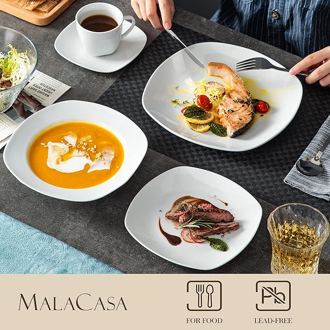 MALACASA 30 Piece Porcelain Dinnerware Set, Grey White Dish Set for 6, Square Ceramic Dishware Sets, Chip and Scratch Resistant Plates and Bowls Sets, Cups and Saucers, Series ELISA