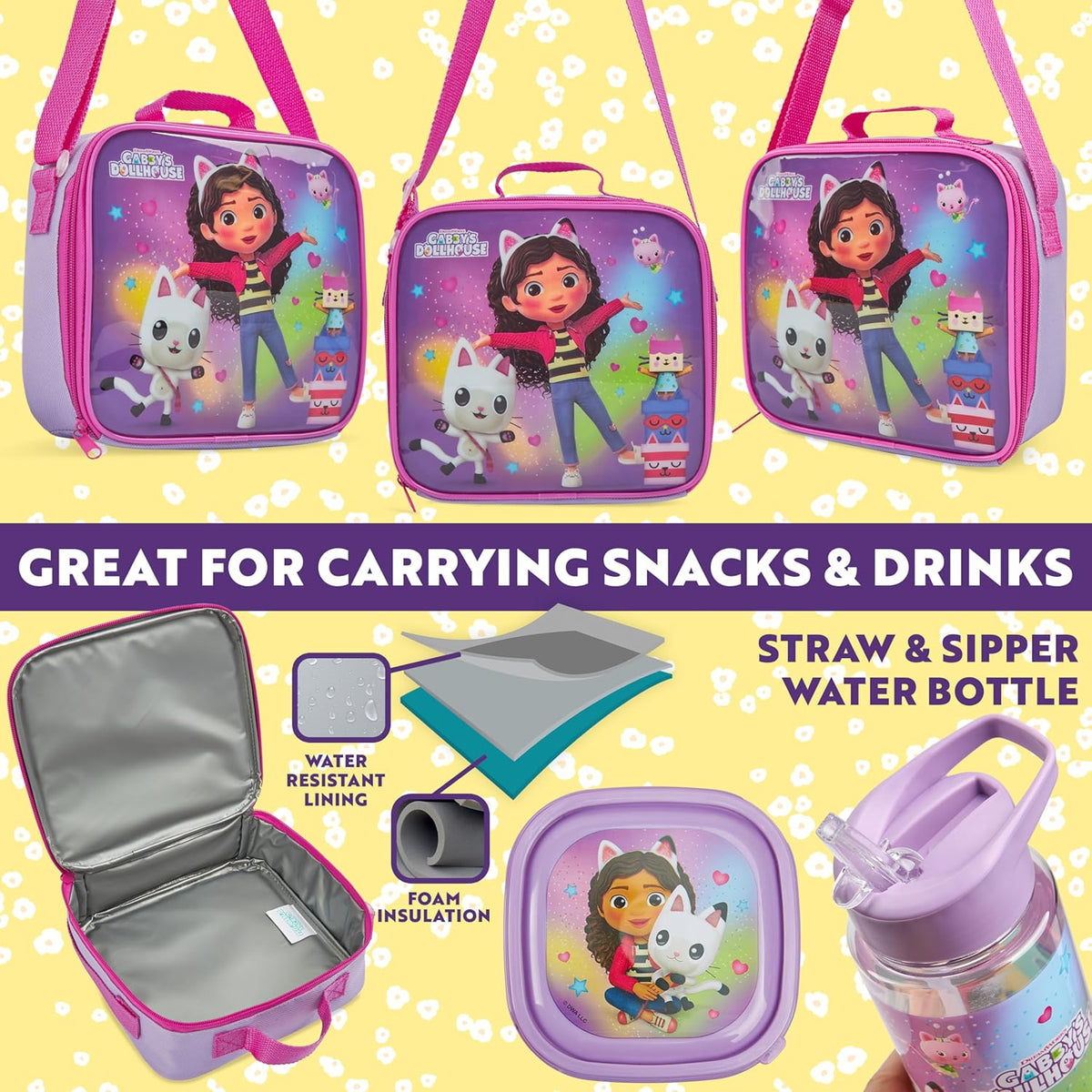 Get Trend Gabby's Dollhouse Kids Lunch Bag Set 3 Pc with Leak Proof Water Bottle and Small Lunch Box Insulated for School Daycare Travel (Gabby’s Dollhouse)