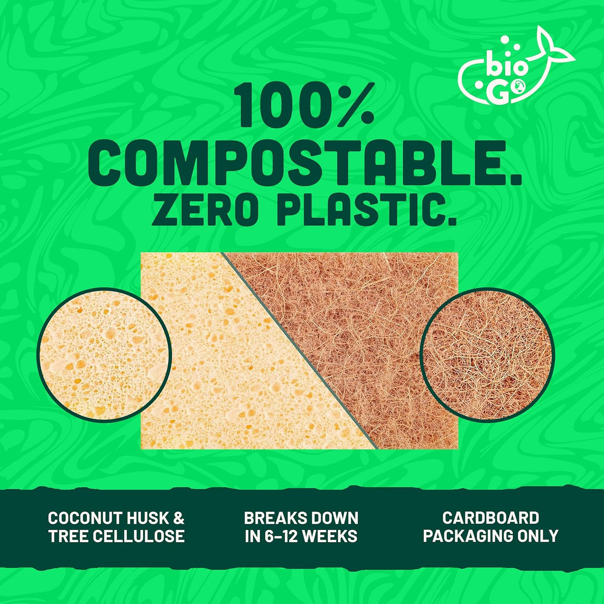 bioGo 12 Pack Biodegradable Kitchen Sponges - Eco-Friendly, Compostable, Natural Cellulose Dish - Compostable - Biodegradable - Cellulose Sponge