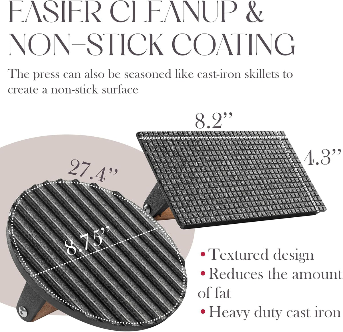 Bellemain Heavy-Duty Cast Iron Grill Press Set – Perfect Smash Burger Press & Steak Tool with Ergonomic Wood Handle for Pro-Level Searing on Griddle, Skillet, or BBQ