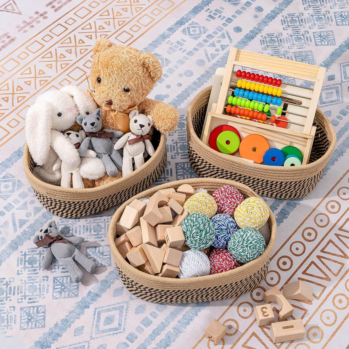 CubesLand Small Baskets, Storage Baskets for Organizing Shelves, Rectangular Woven Storage Baskets Natural Cotton Rope Toy Storage Bins Closet Baby Baskets Empty Gifts Baskets Camel/Mixed Black