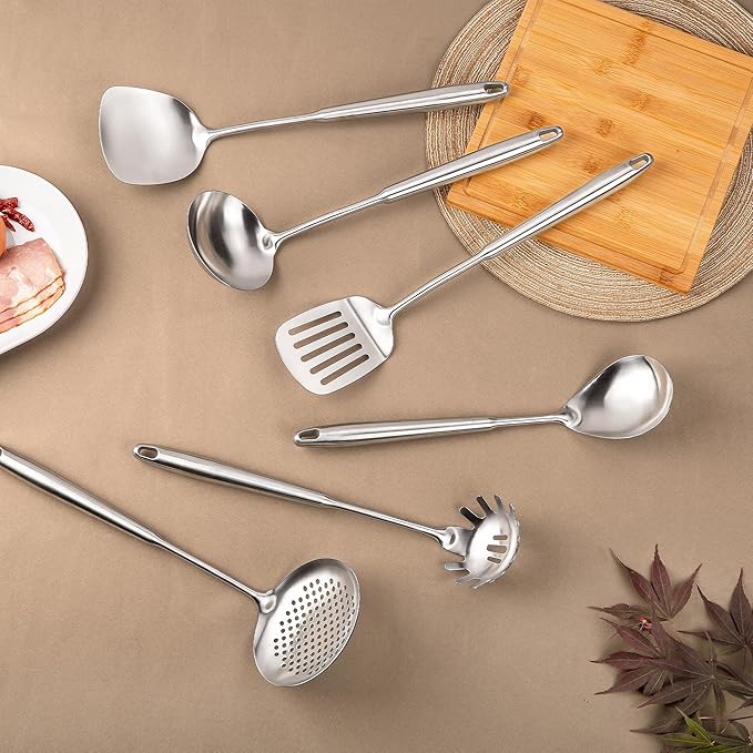 FJNATINH 6-Pieces 304 Stainless Steel Wok Spatula Set,Cooking Utensil Set,Soup Ladle Colander,Nonstick Kitchen Cooking Utensils Set with Spatula,Kitchenware Tools