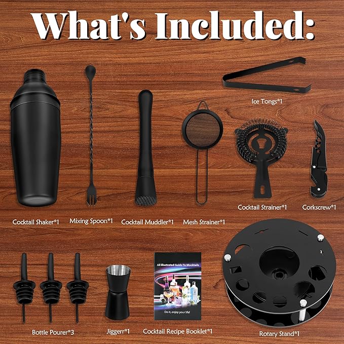 Bartender Kit,Cocktail Shaker Set 13-Piece Bar Tool Set with Acrylic Rotatable Stand for The Home,Bar（Frosted Black）