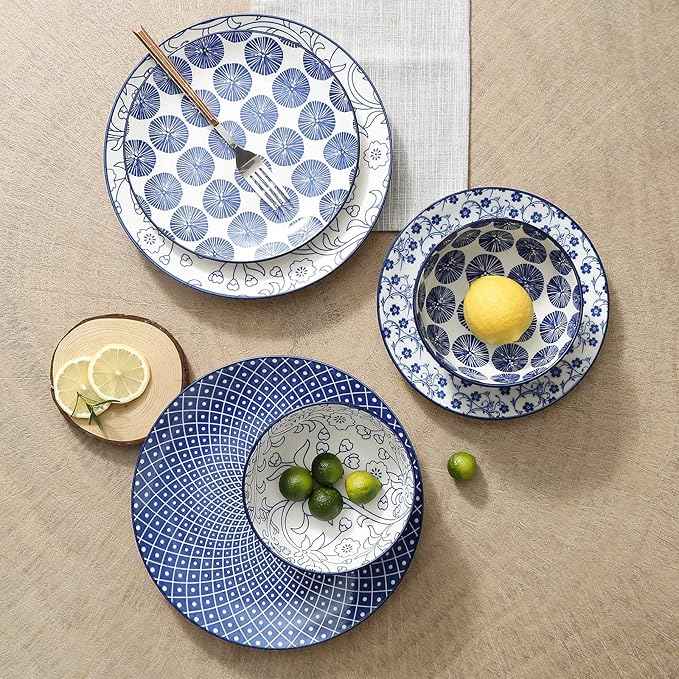 Selamica Ceramic Dinnerware Sets, 12-Pieces Plates and Bowls Sets, Scratch Resistant Dishes set for 4, Dishwasher & Microwave Safe,Vintage Blue