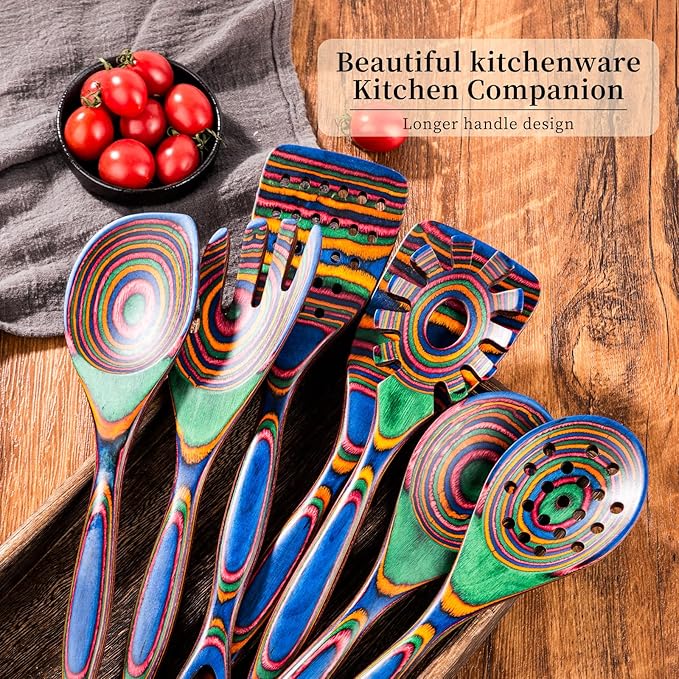 Gudamaye Pakkawood 7-Piece Wooden Cooking Utensils, Wooden Spoons for cooking, Pakkawood kitchen Utensils for Cooking, Non-Stick Spoon, Household Essentials, Heat-Resistant Spoons