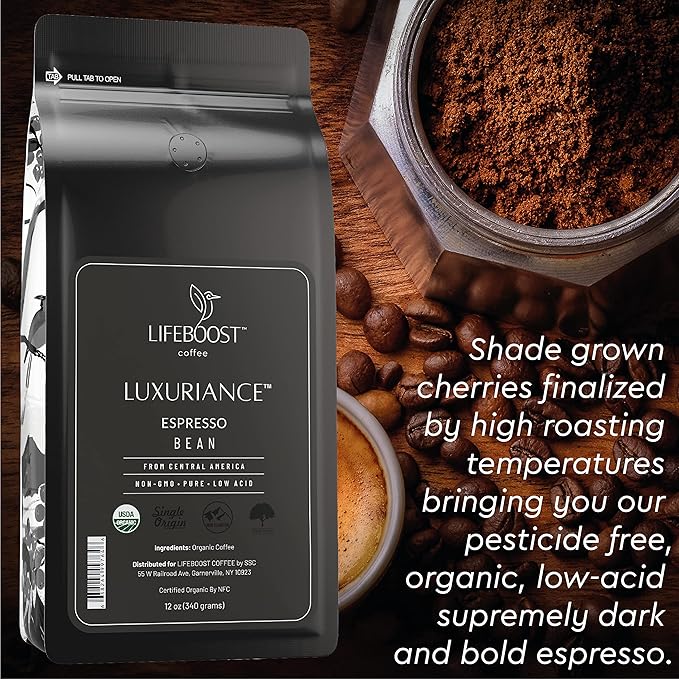 Lifeboost Organic Espresso Beans Whole - Non-GMO Low Acid Single Origin Organic Espresso Coffee - Third Party Tested For Mycotoxins & Pesticides - Whole Bean - 12 Ounces, Pack of 3