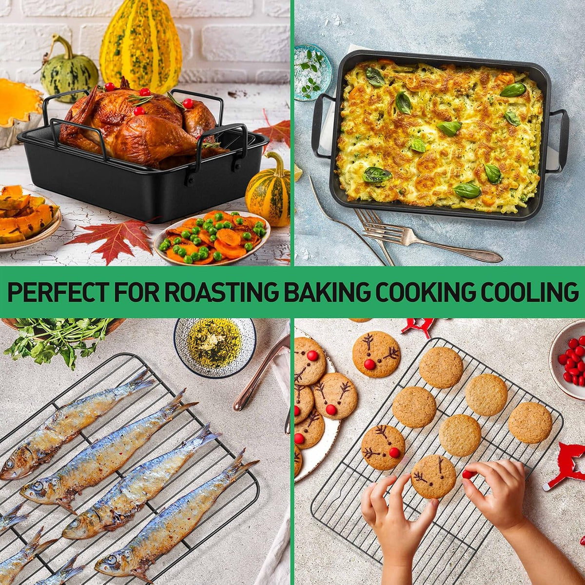 P&P CHEF 14" Roaster Roasting Pan with Baking Rack and V-shaped Rack, Stainless Steel Rectangular Lasagna Pan with Handles for Turkey Chicken, Healthy & Dishwasher Safe, 3 Pieces, Black