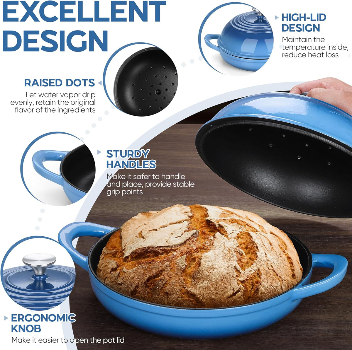 E-far Dutch Oven for Sourdough Bread Baking, 6 Qt Round Enameled Cast Iron Dutch Oven for Homemade Artisan Bread, Dome Lid & Shallow Base, Matte Black Interior & Durable, Oven-Safe to 500℉, Blue