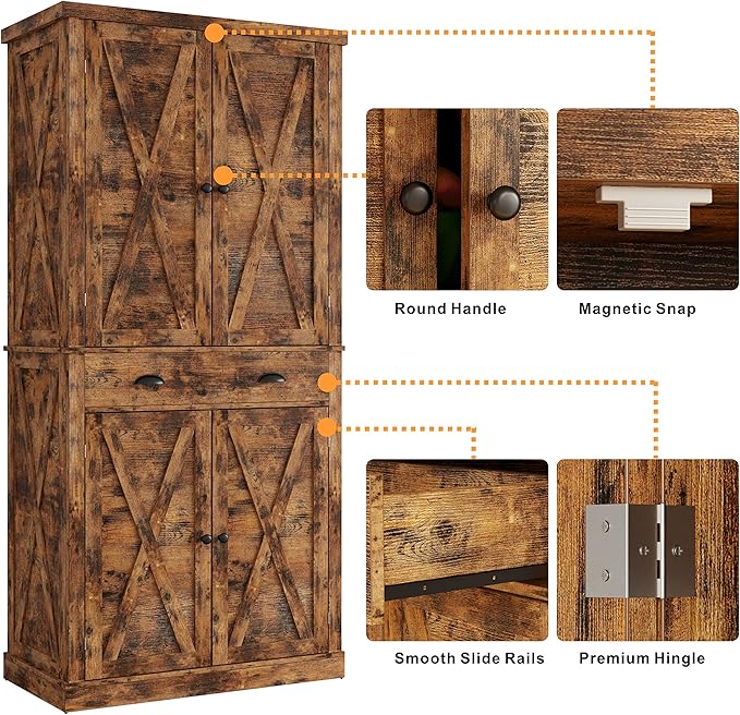IRONCK Kitchen Pantry Storage Cabinet 72.6" H, with Barn Doors, Drawer, 4 Adjustable Shelves, Freestanding Cupboard for Dining Room Living Room, Laundry, Vintage Brown