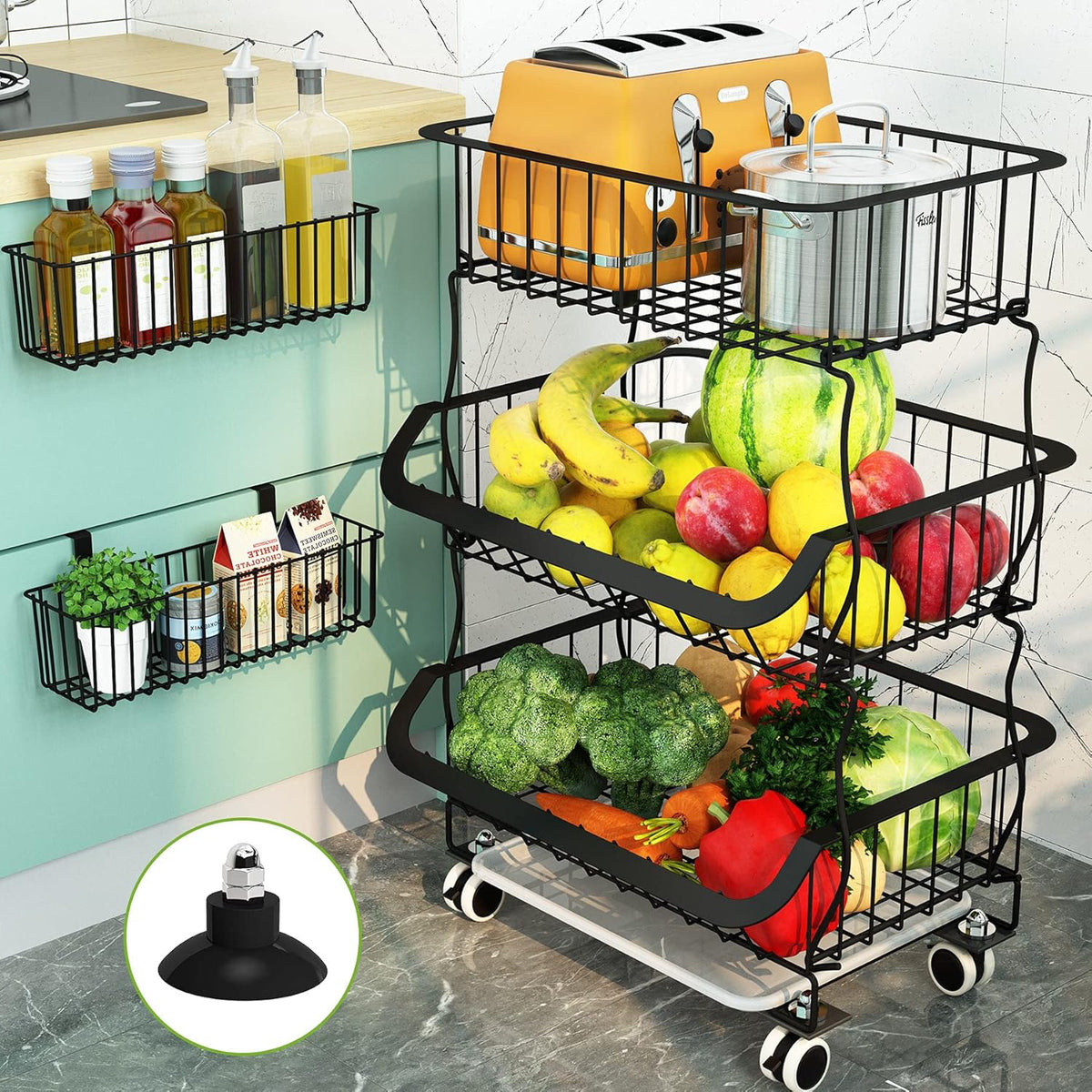 Fruit Basket, 1Easylife 3 Tier Stackable Metal Wire Basket Cart with Rolling Wheels, Utility Rack for Kitchen, Pantry, Garage, With 2 Free Baskets